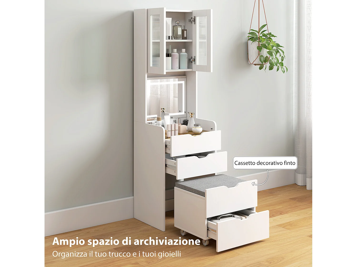 Toeletta con sgabello a scomparsa e specchio con luce led bianco