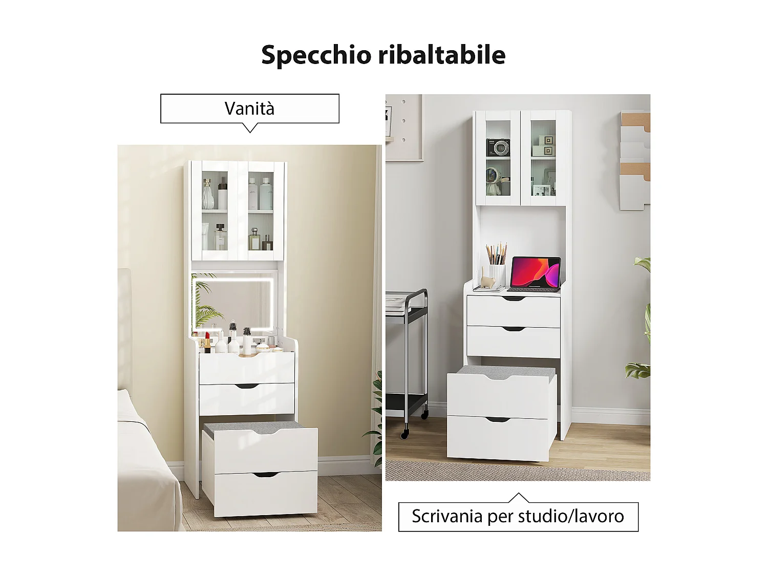 Toeletta con sgabello a scomparsa e specchio con luce led bianco