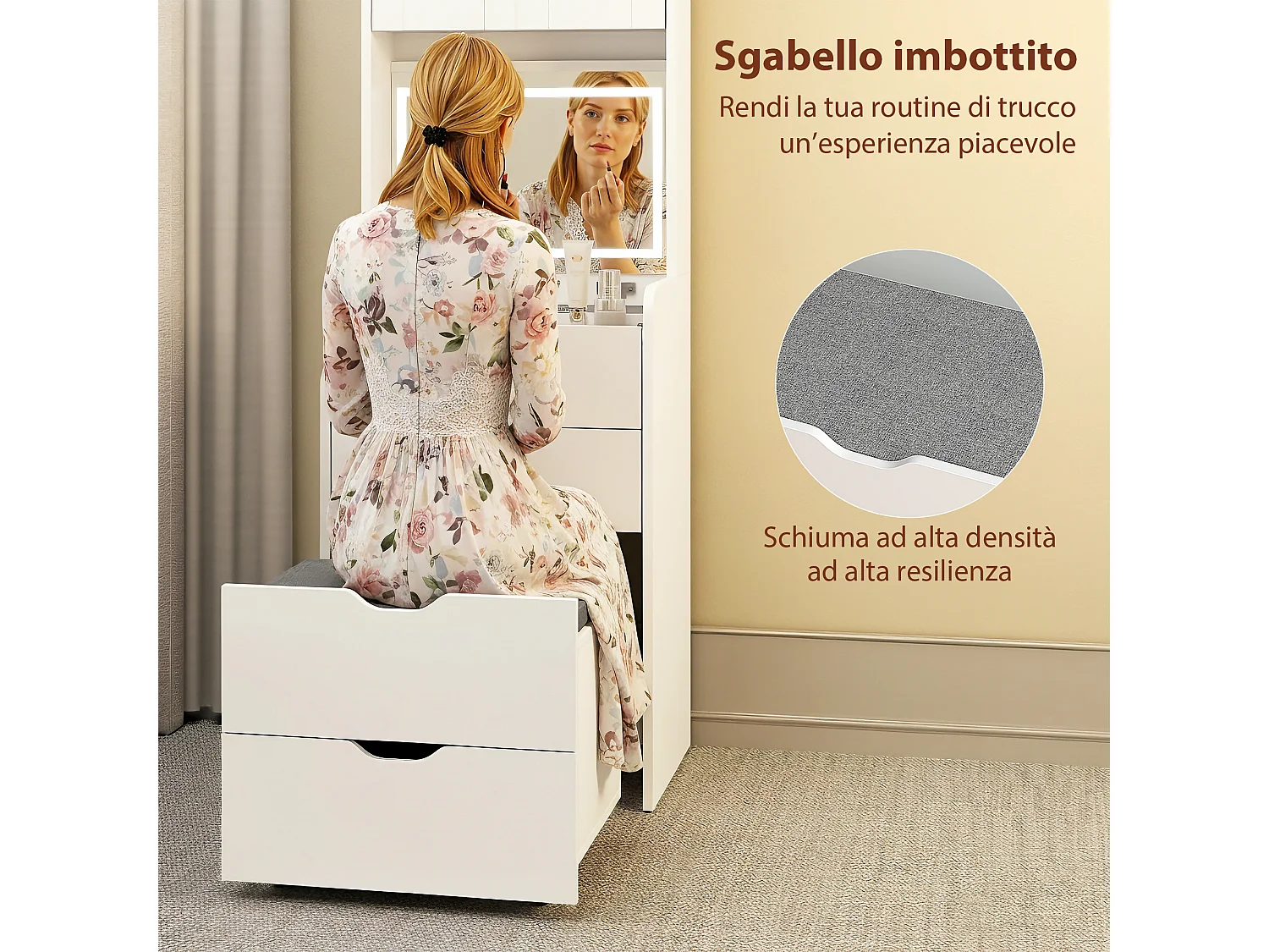 Toeletta con sgabello a scomparsa e specchio con luce led bianco