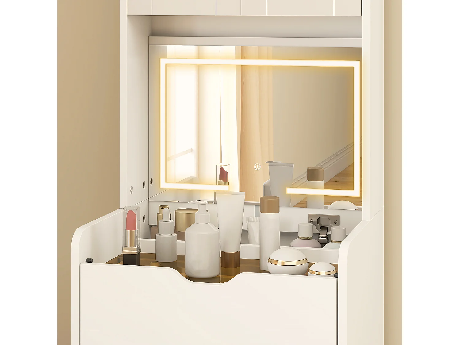 Toeletta con sgabello a scomparsa e specchio con luce led bianco