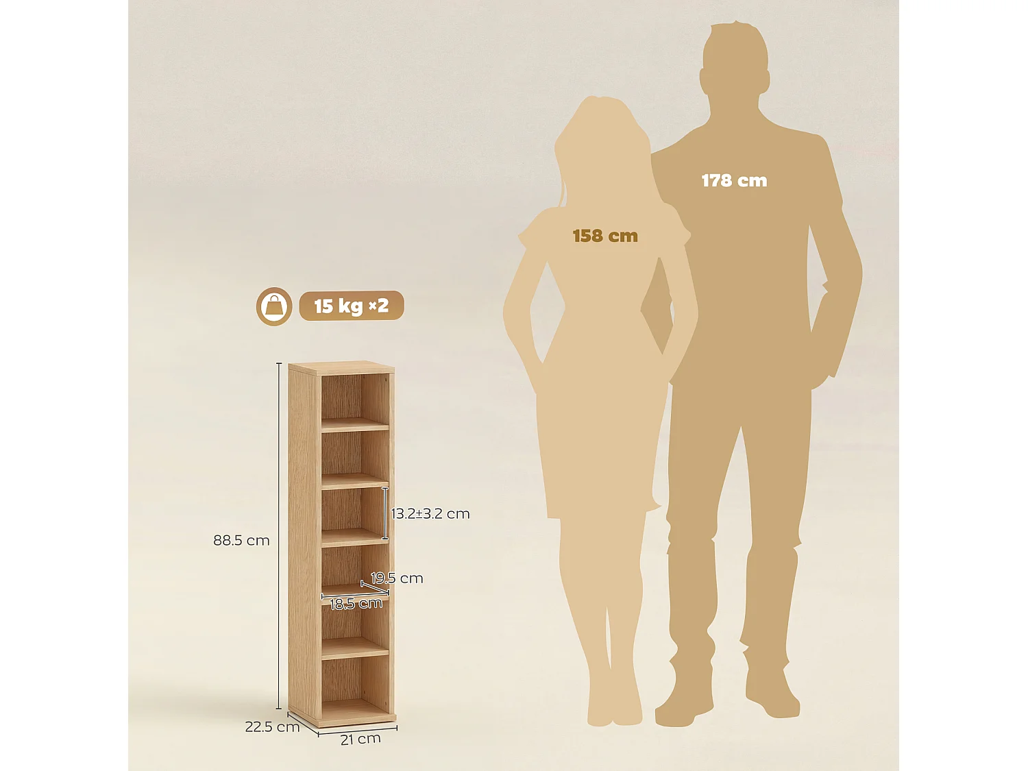 Set 2 scaffali porta cd a 6 ripiani regolabili per 204 cd color legno