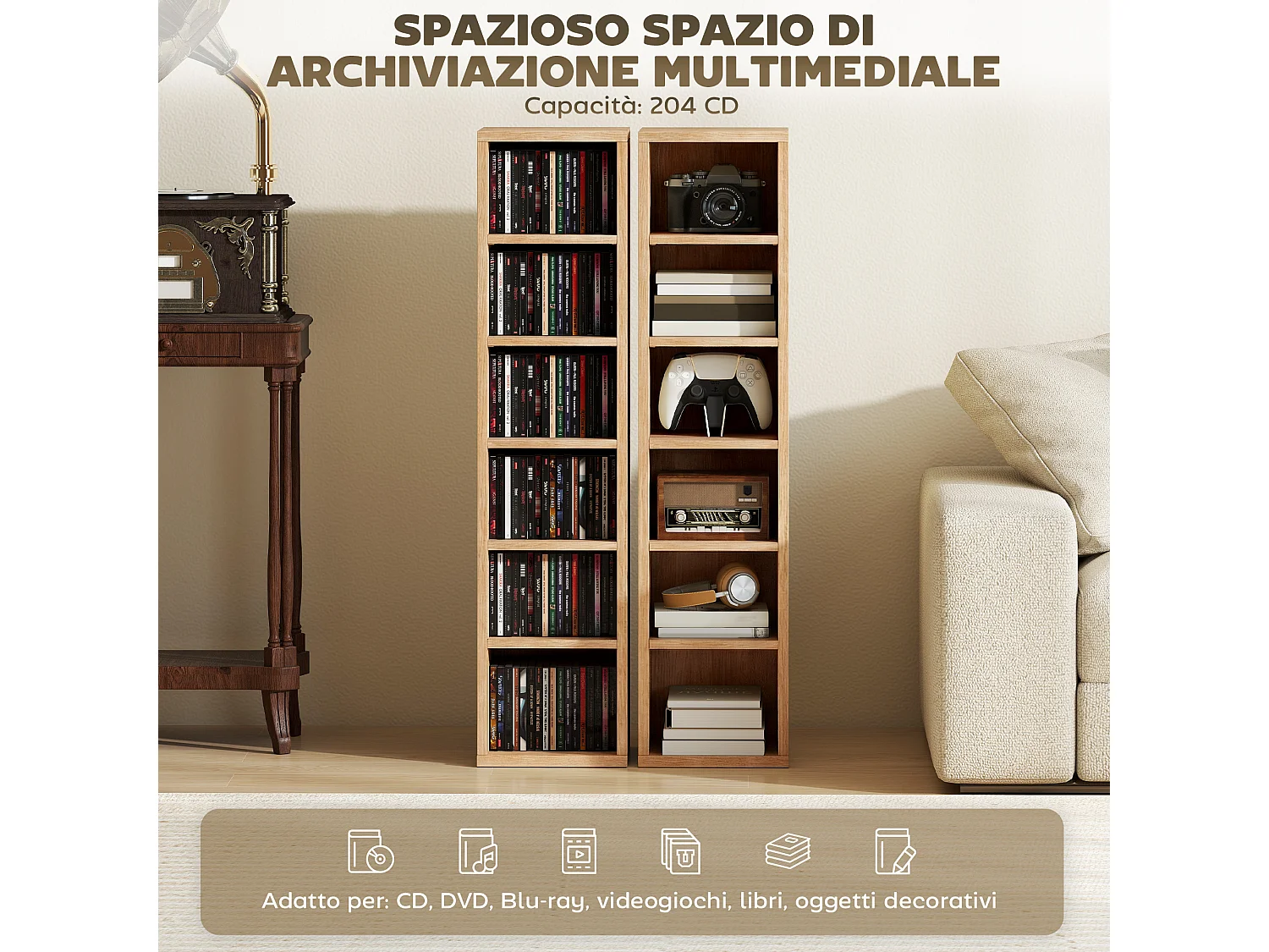 Set 2 scaffali porta cd a 6 ripiani regolabili per 204 cd color legno