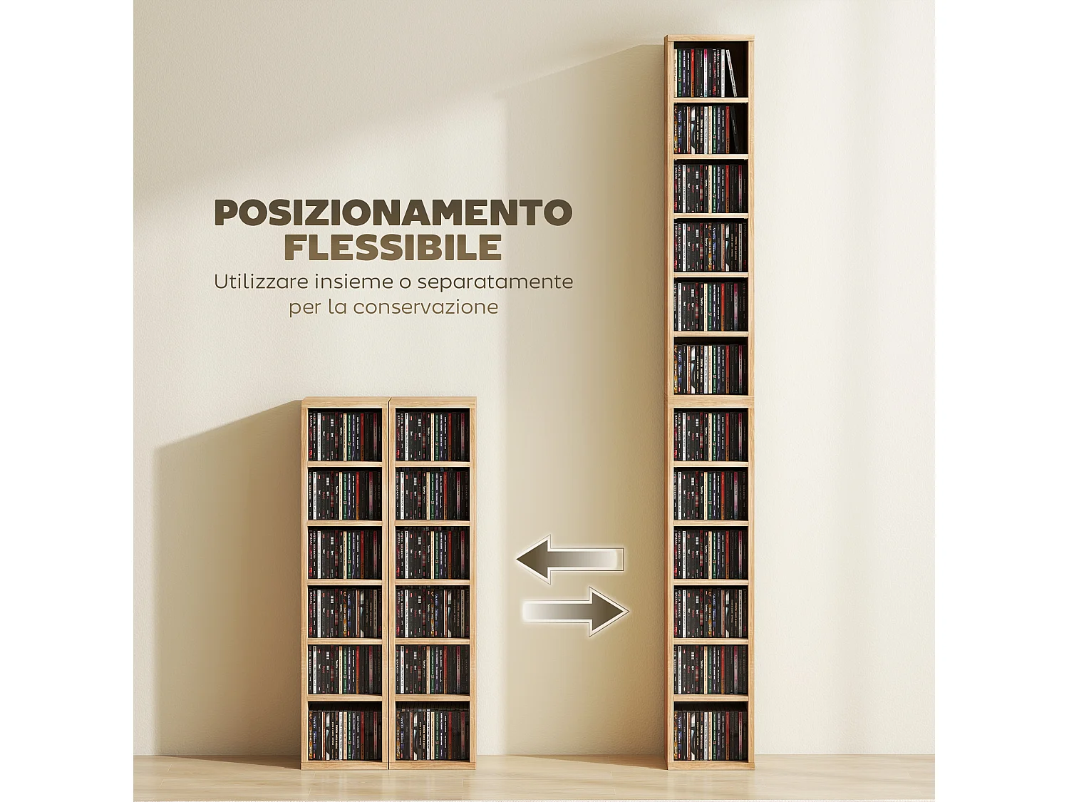 Set 2 scaffali porta cd a 6 ripiani regolabili per 204 cd color legno