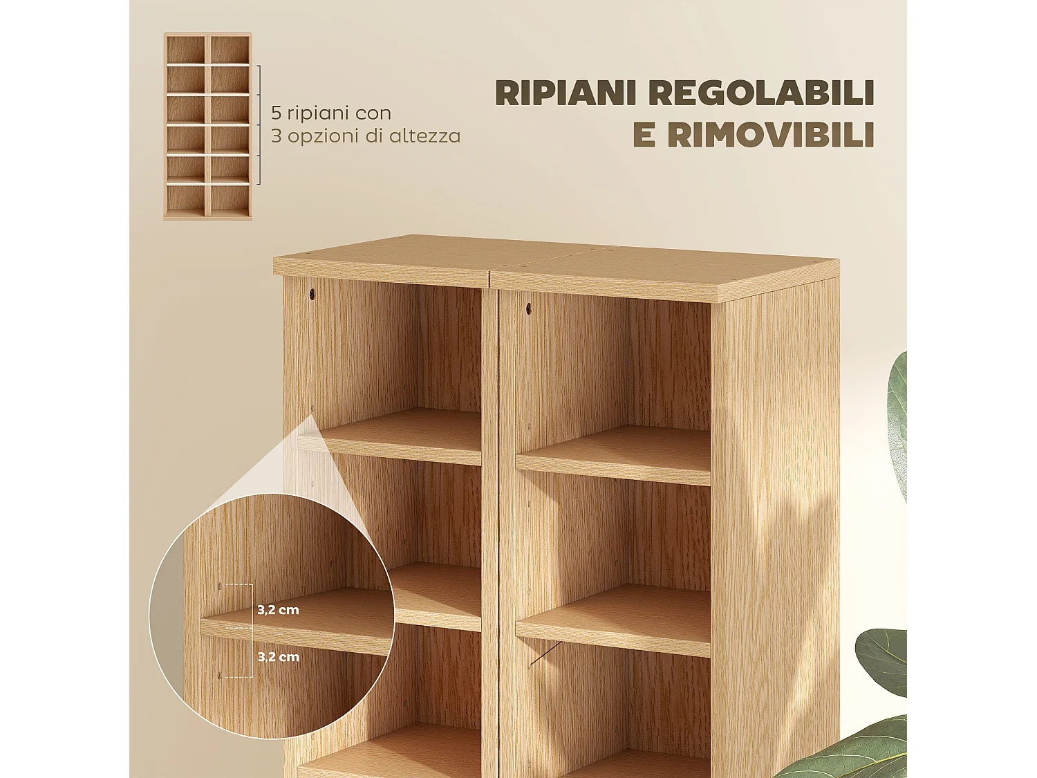 Set 2 scaffali porta cd a 6 ripiani regolabili per 204 cd color legno