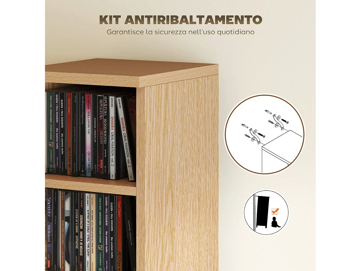 Set 2 scaffali porta cd a 6 ripiani regolabili per 204 cd color legno