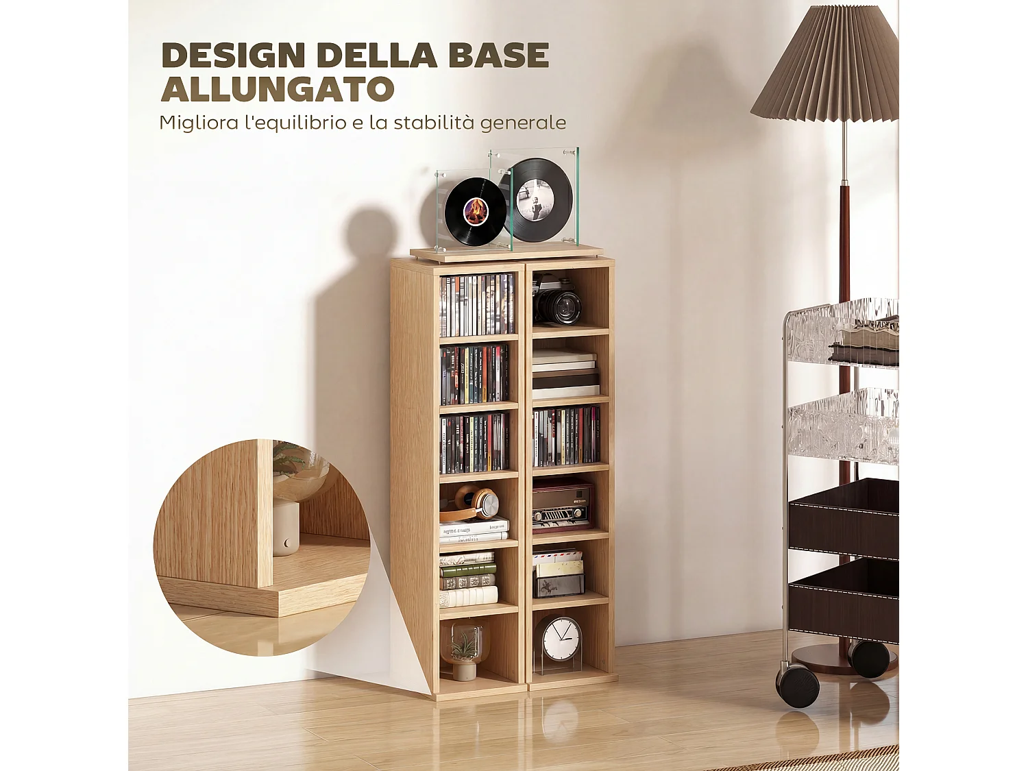 Set 2 scaffali porta cd a 6 ripiani regolabili per 204 cd color legno