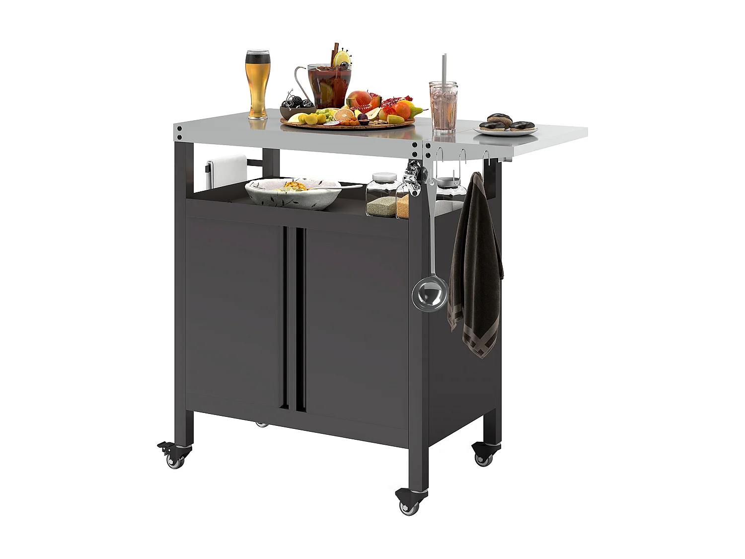 Carrello per barbecue con armadietto, ripiano aperto e tavolino nero