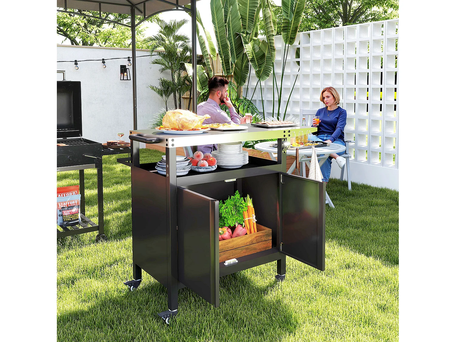 Carrello per barbecue con armadietto, ripiano aperto e tavolino nero