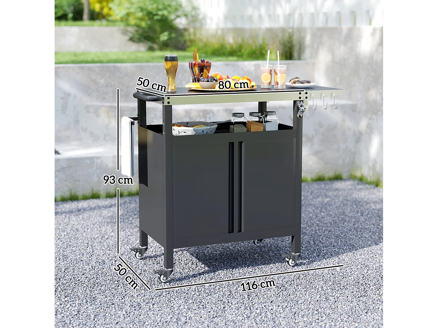 Carrello per barbecue con armadietto, ripiano aperto e tavolino nero