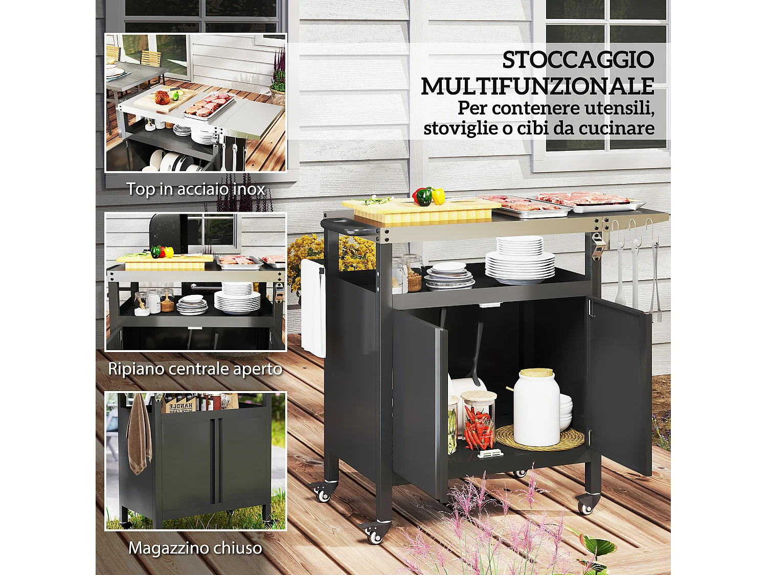 Carrello per barbecue con armadietto, ripiano aperto e tavolino nero