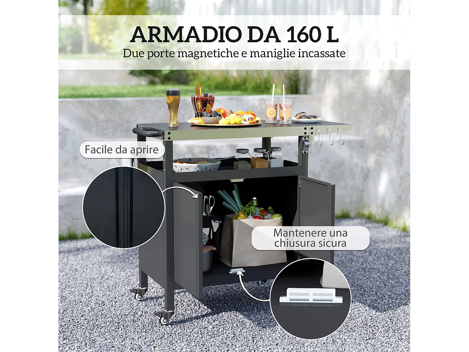 Carrello per barbecue con armadietto, ripiano aperto e tavolino nero