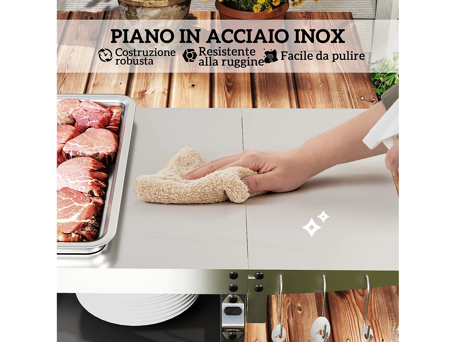 Carrello per barbecue con armadietto, ripiano aperto e tavolino nero
