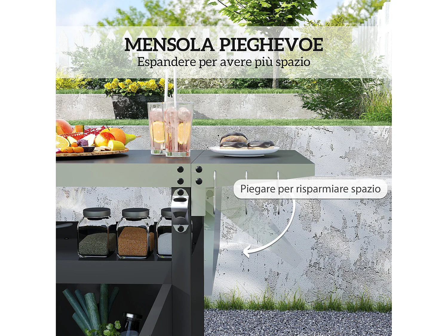 Carrello per barbecue con armadietto, ripiano aperto e tavolino nero
