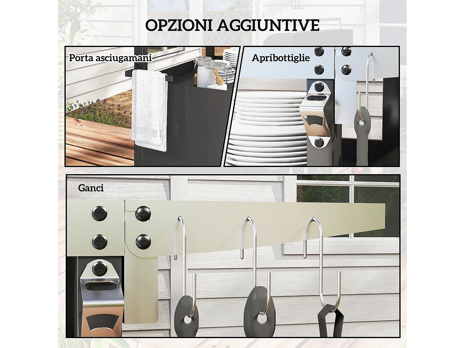 Carrello per barbecue con armadietto, ripiano aperto e tavolino nero