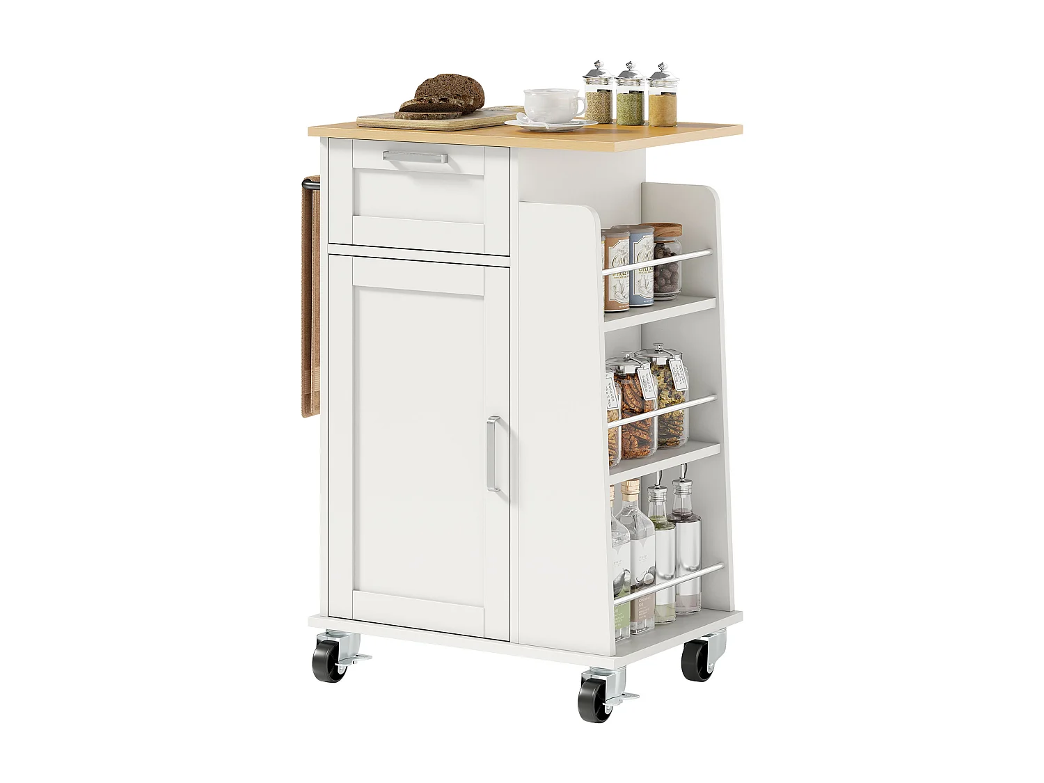 Carrello da cucina con cassetto portasciugamani e 3 portaspezie bianco