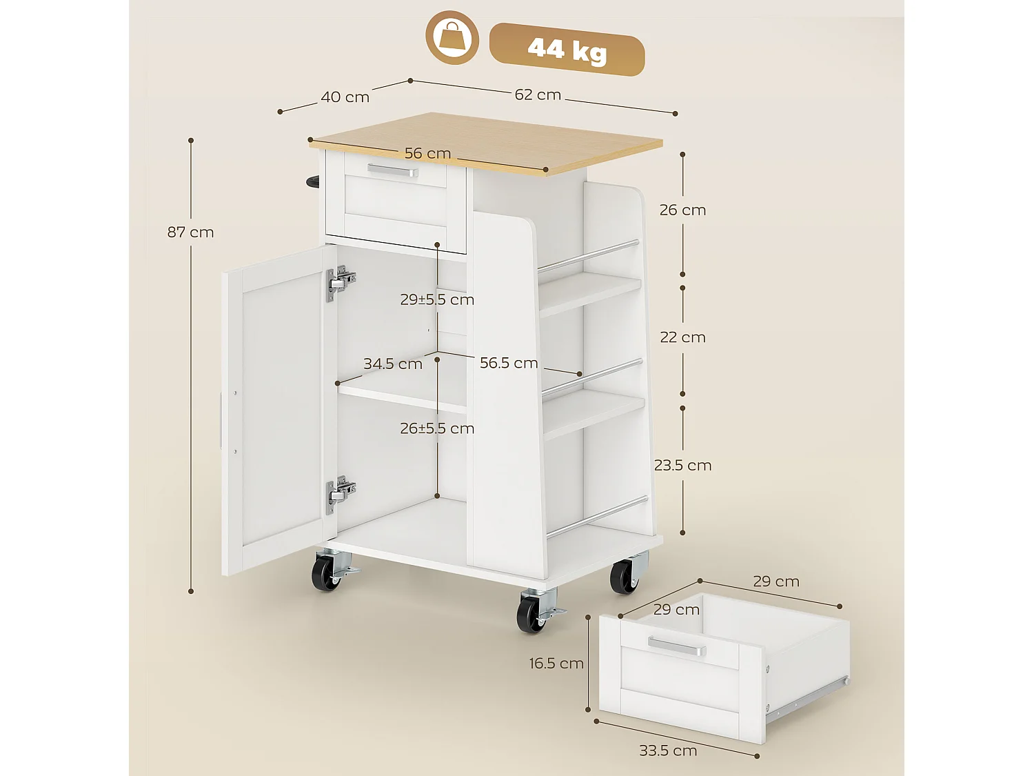 Carrello da cucina con cassetto portasciugamani e 3 portaspezie bianco