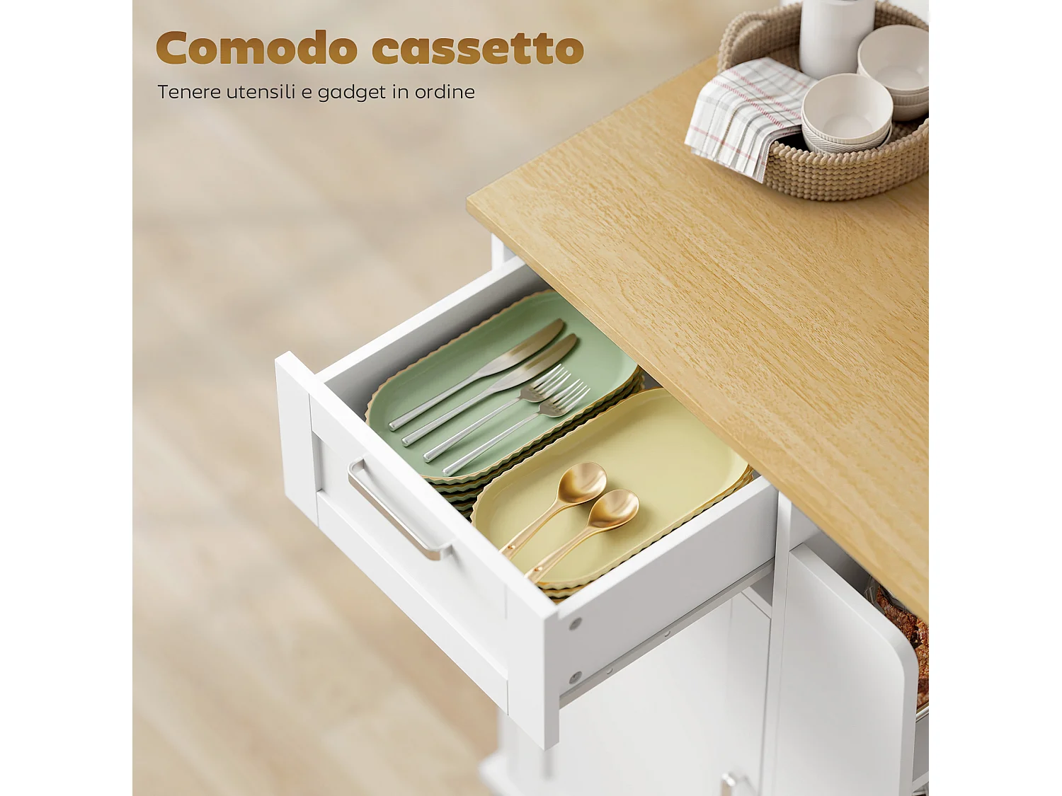 Carrello da cucina con cassetto portasciugamani e 3 portaspezie bianco