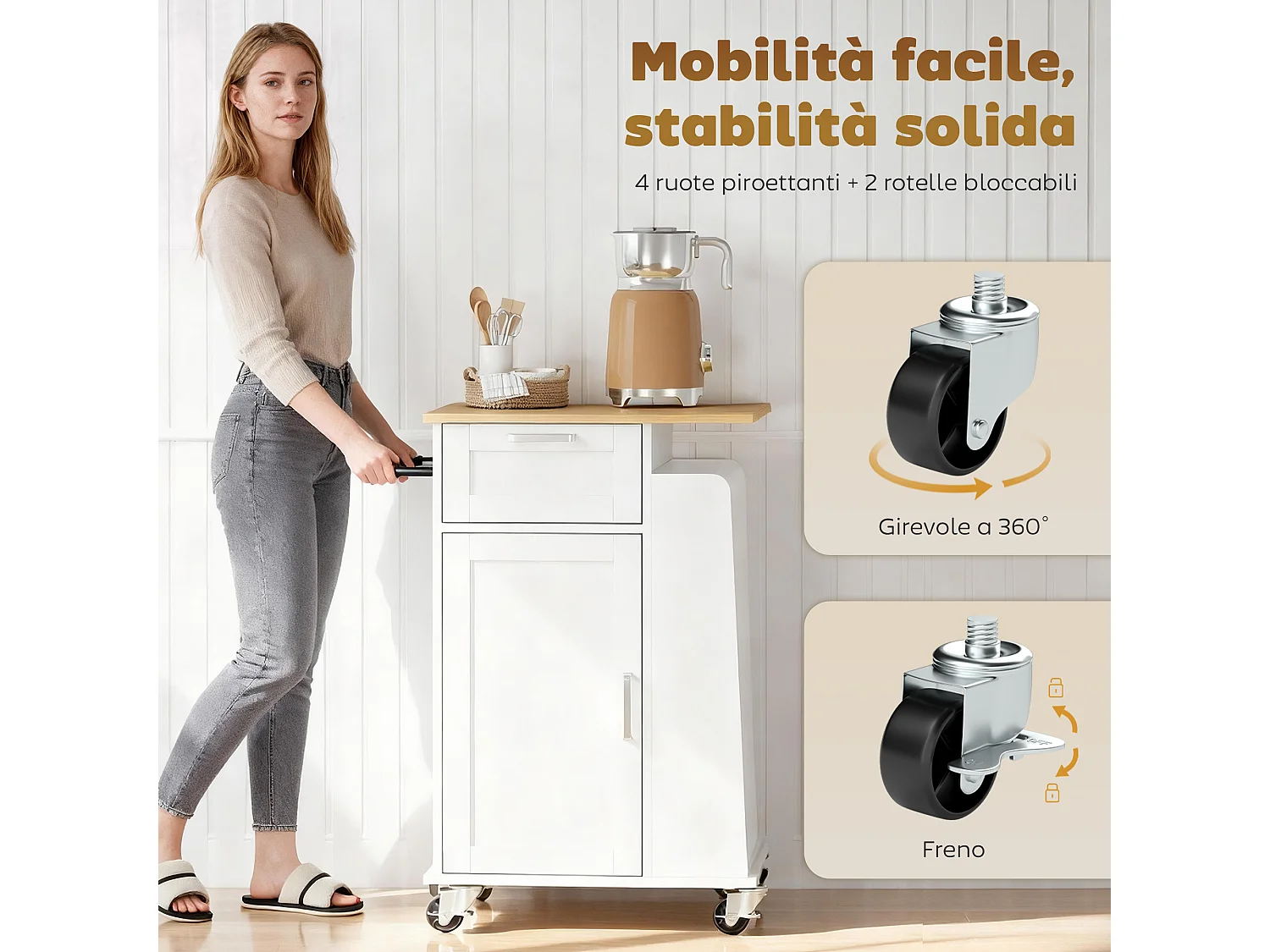 Carrello da cucina con cassetto portasciugamani e 3 portaspezie bianco