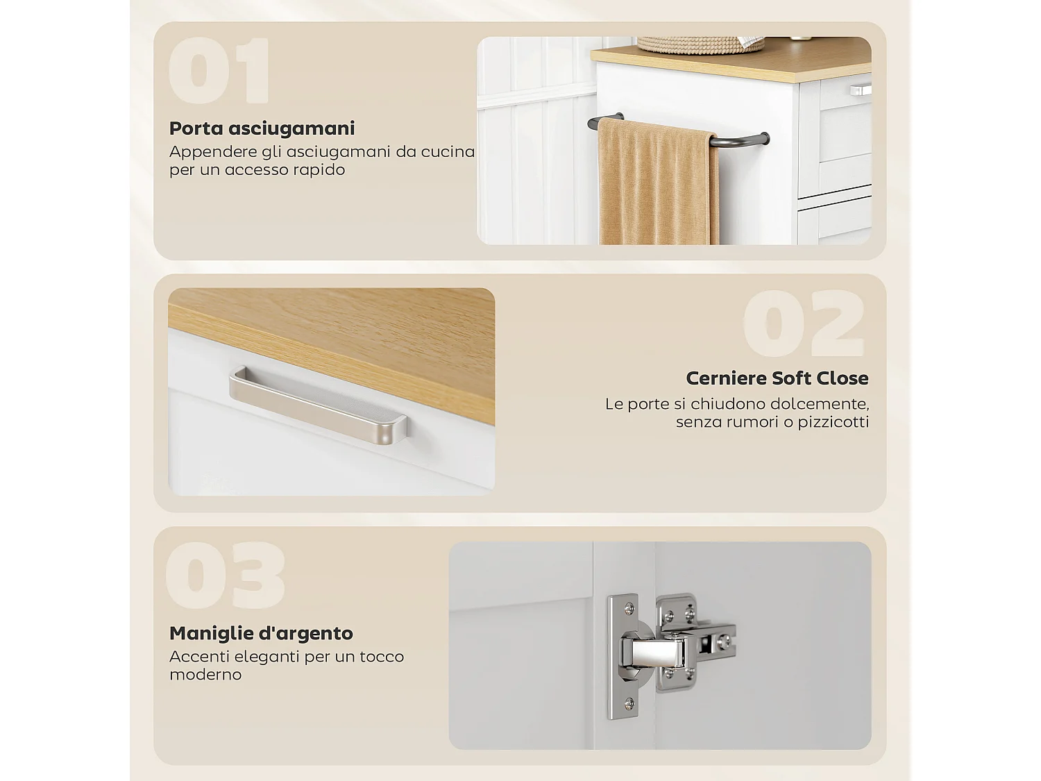 Carrello da cucina con cassetto portasciugamani e 3 portaspezie bianco