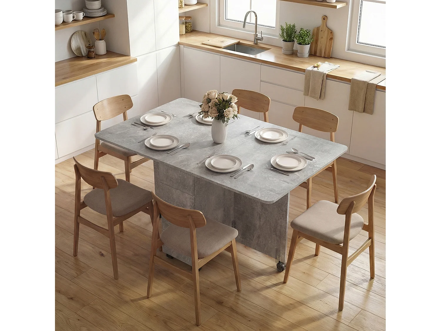 Tavolo da pranzo pieghevole con ruote in legno grigio cemento