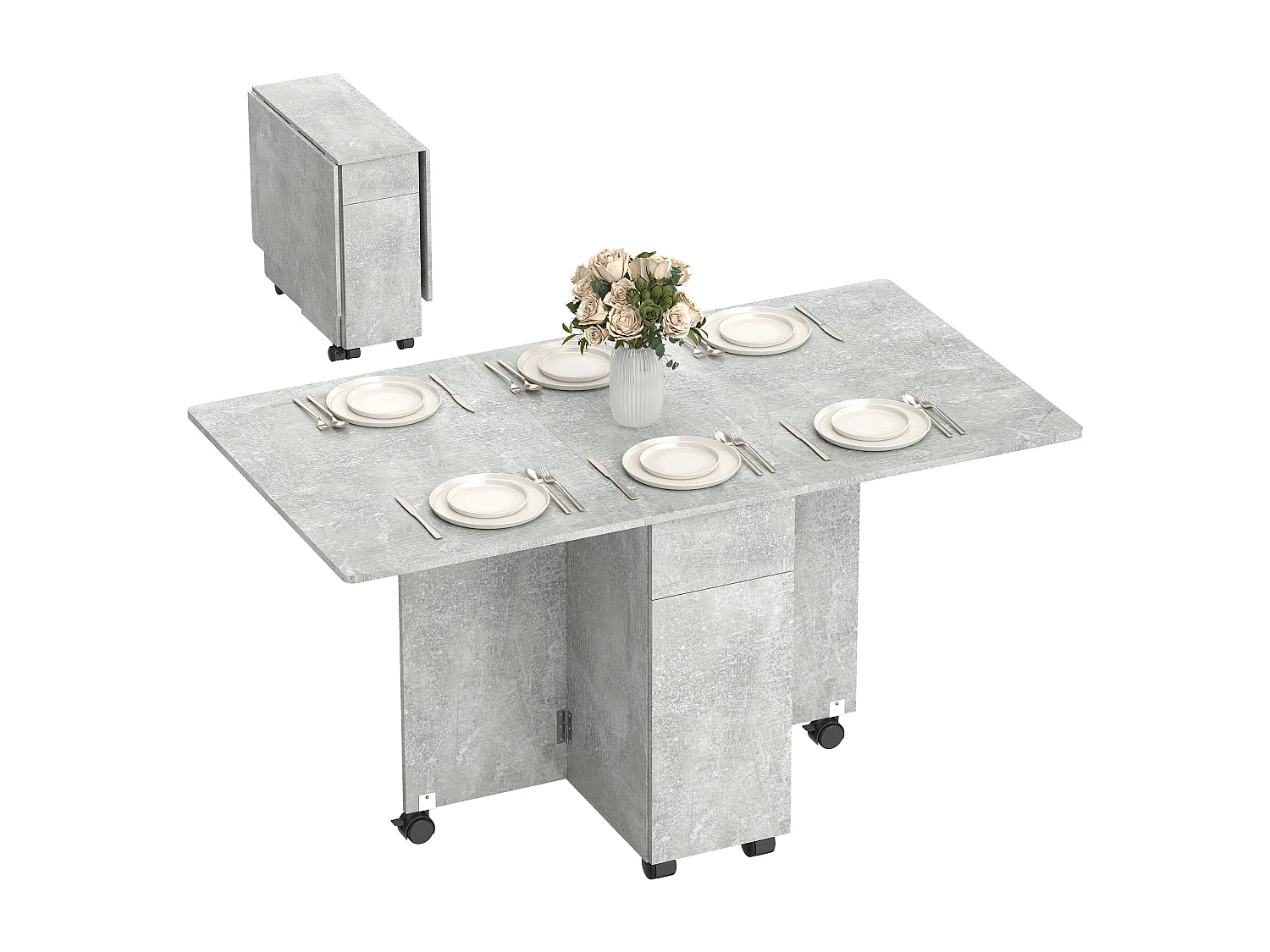 Tavolo da pranzo pieghevole con ruote in legno grigio cemento