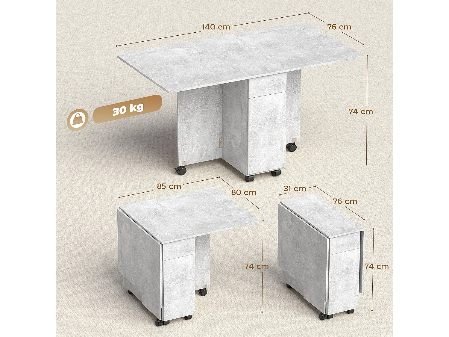 Tavolo da pranzo pieghevole con ruote in legno grigio cemento