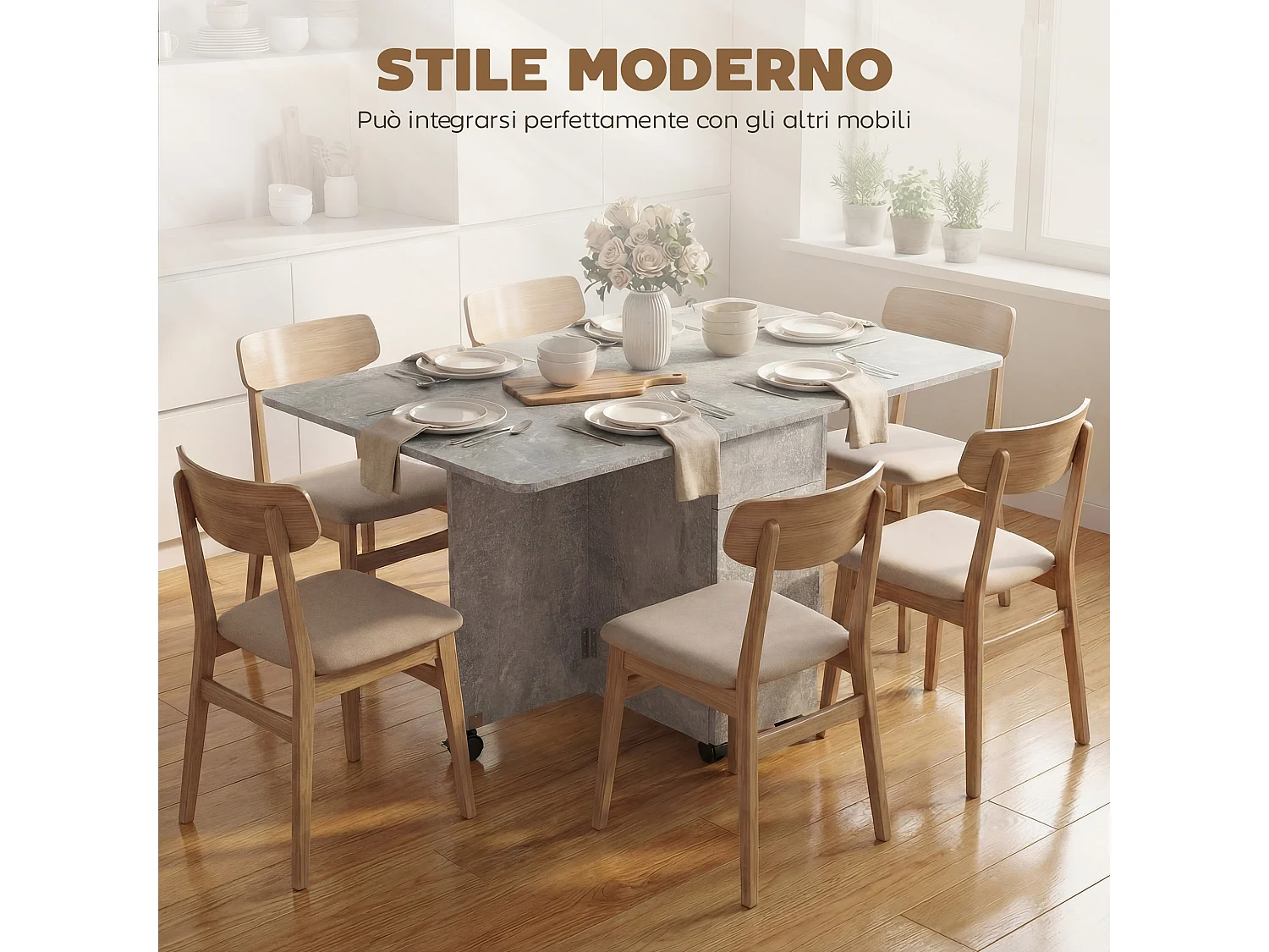 Tavolo da pranzo pieghevole con ruote in legno grigio cemento