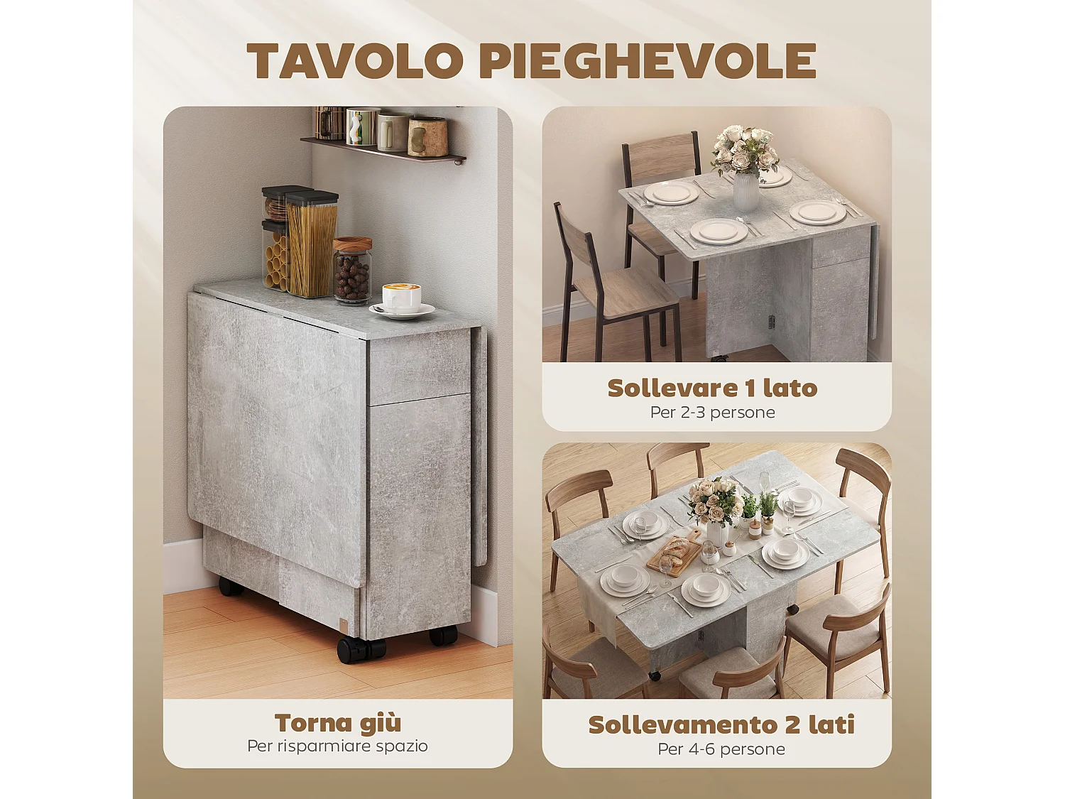 Tavolo da pranzo pieghevole con ruote in legno grigio cemento