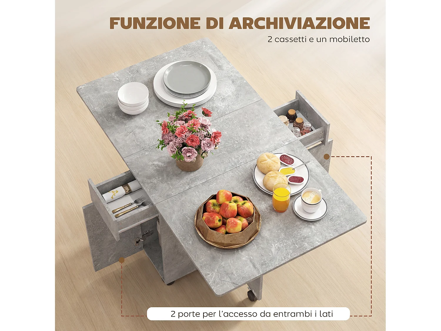 Tavolo da pranzo pieghevole con ruote in legno grigio cemento