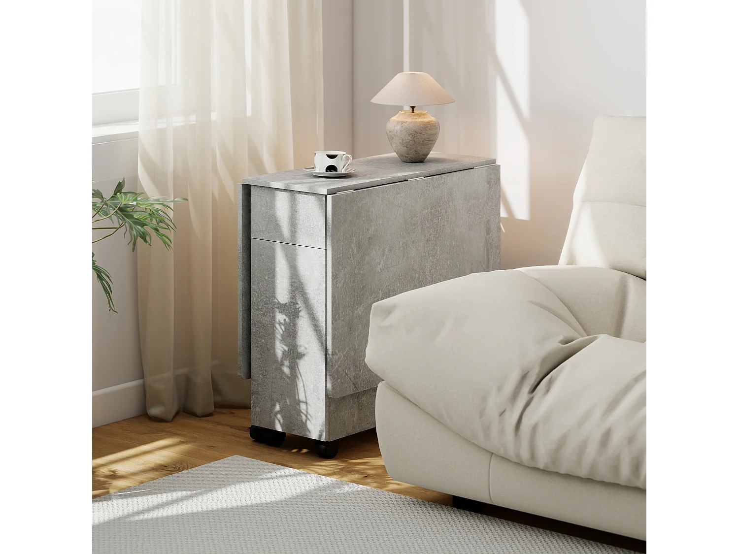 Tavolo da pranzo pieghevole con ruote in legno grigio cemento