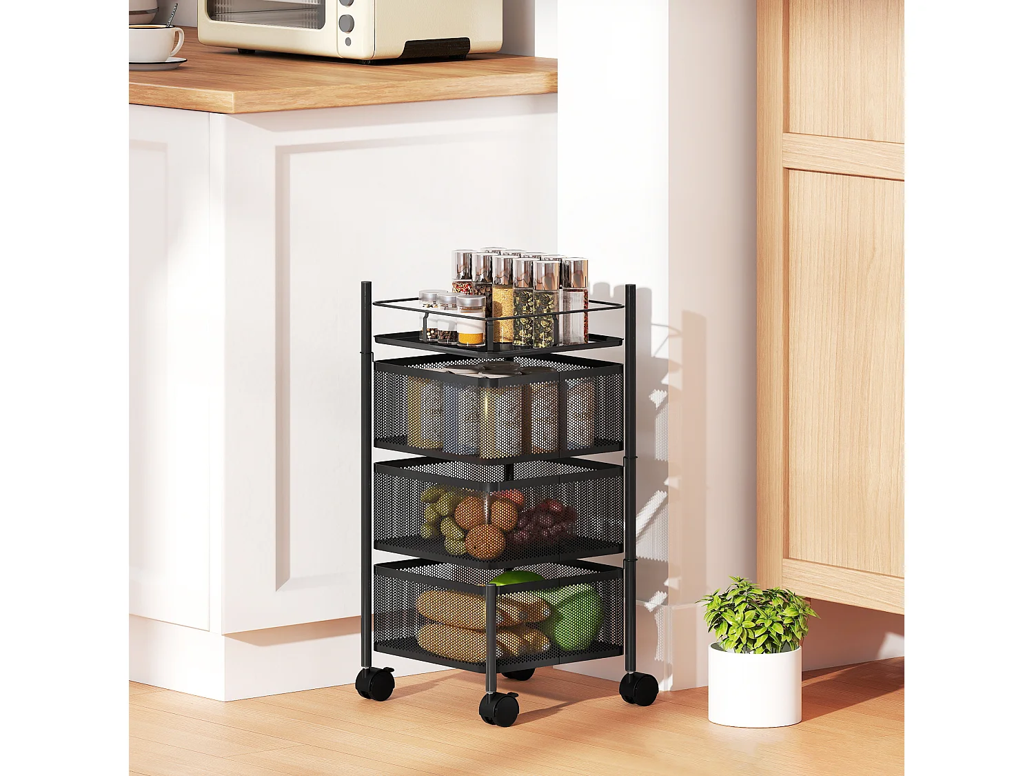 Carrello cucina con 3 cesti girevoli e ruote con blocco metallo nero