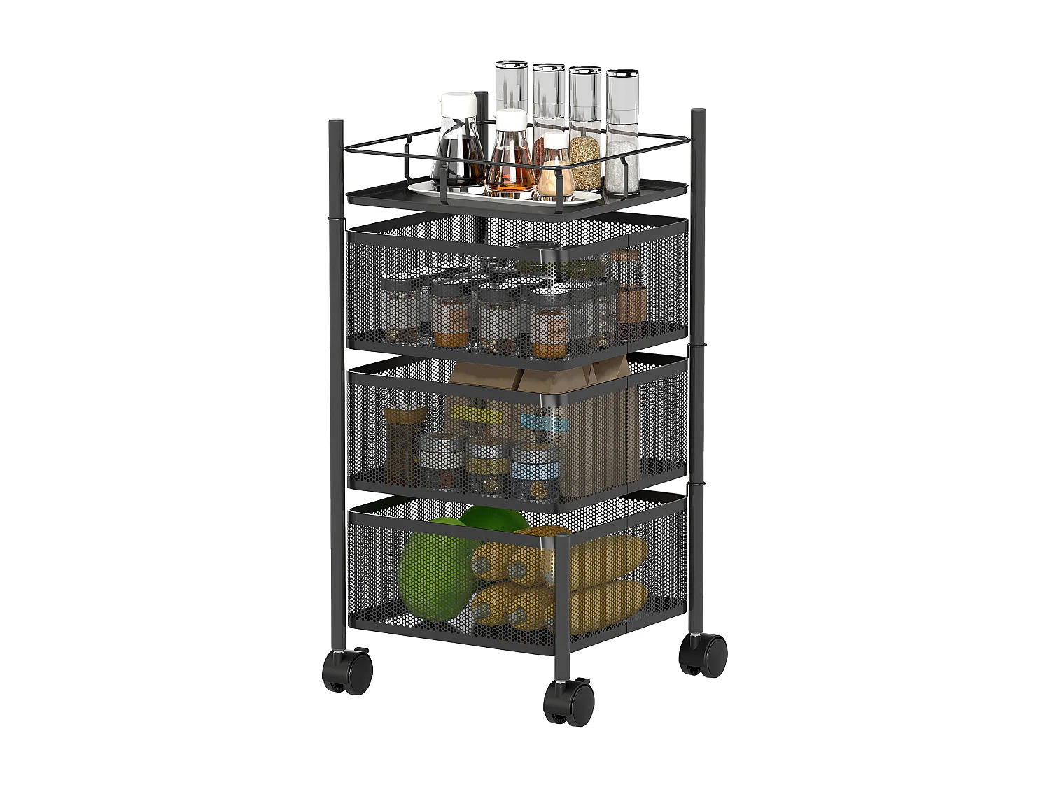 Carrello cucina con 3 cesti girevoli e ruote con blocco metallo nero