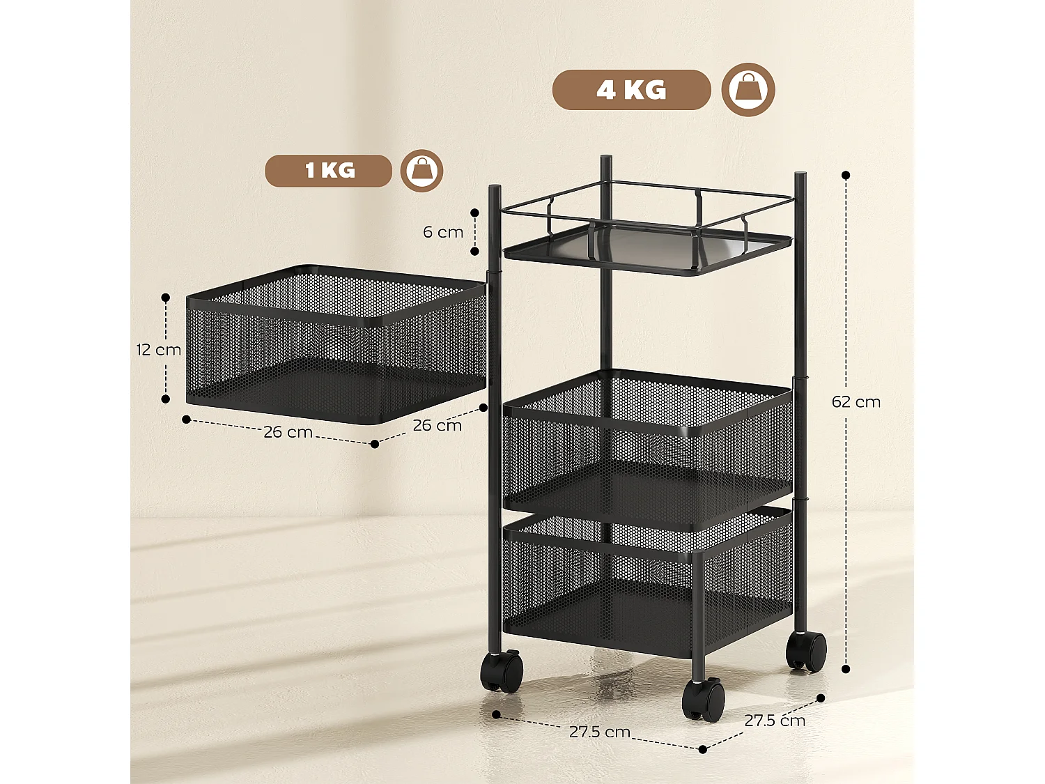 Carrello cucina con 3 cesti girevoli e ruote con blocco metallo nero