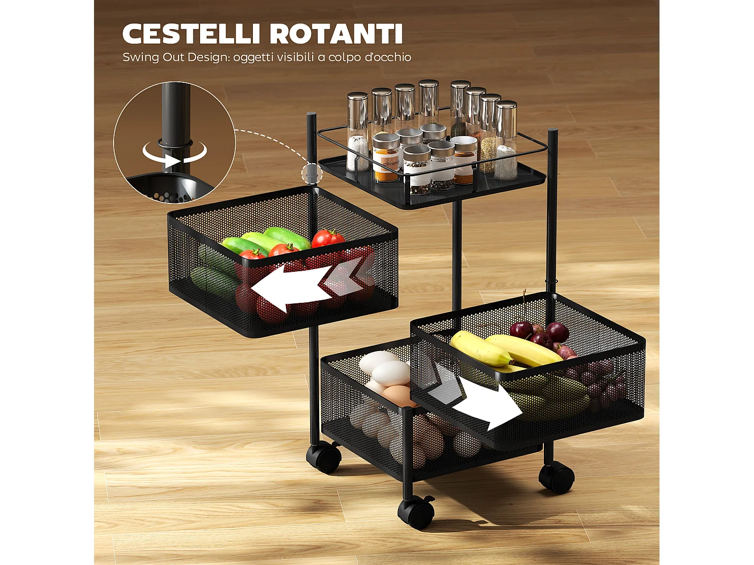 Carrello cucina con 3 cesti girevoli e ruote con blocco metallo nero