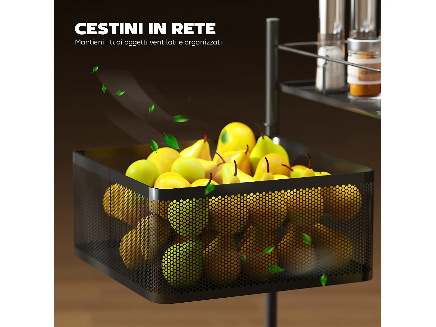 Carrello cucina con 3 cesti girevoli e ruote con blocco metallo nero