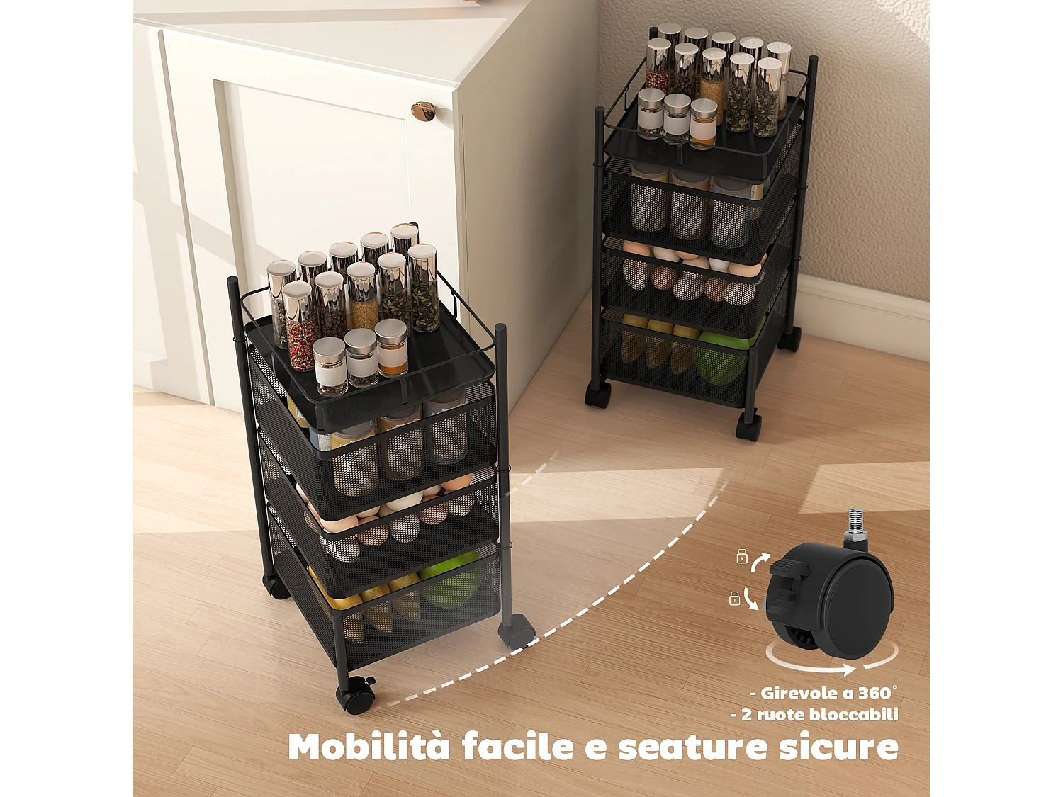 Carrello cucina con 3 cesti girevoli e ruote con blocco metallo nero