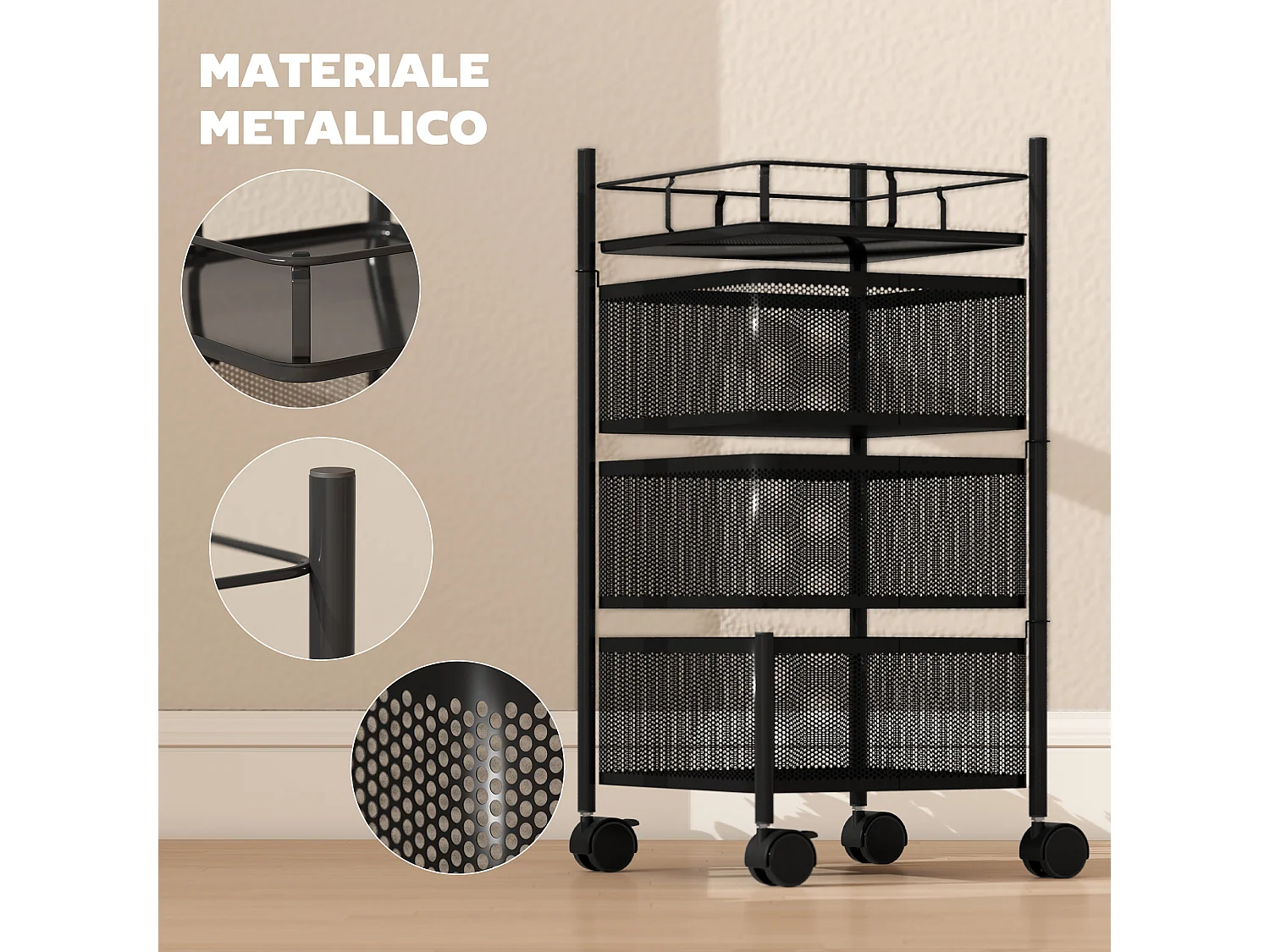 Carrello cucina con 3 cesti girevoli e ruote con blocco metallo nero
