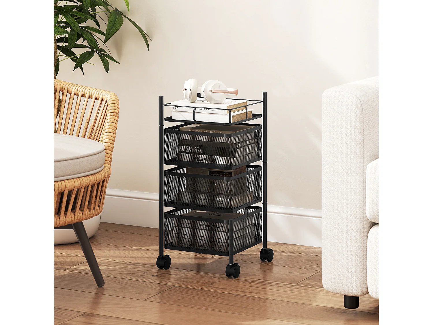 Carrello cucina con 3 cesti girevoli e ruote con blocco metallo nero