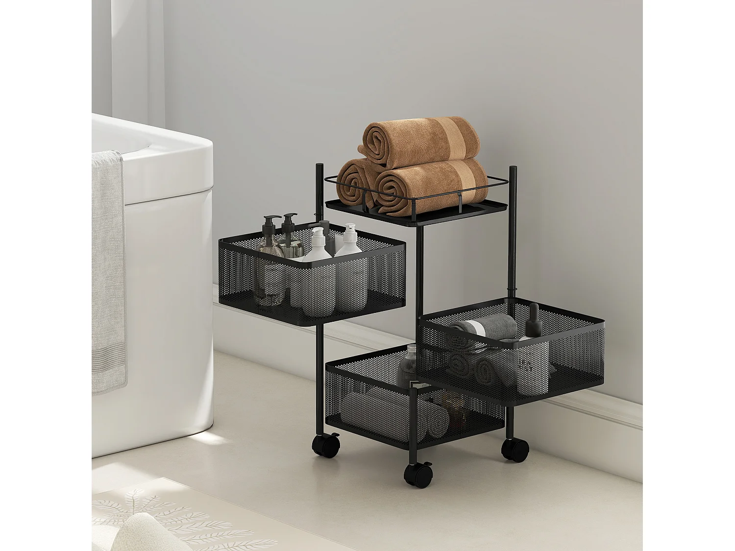 Carrello cucina con 3 cesti girevoli e ruote con blocco metallo nero