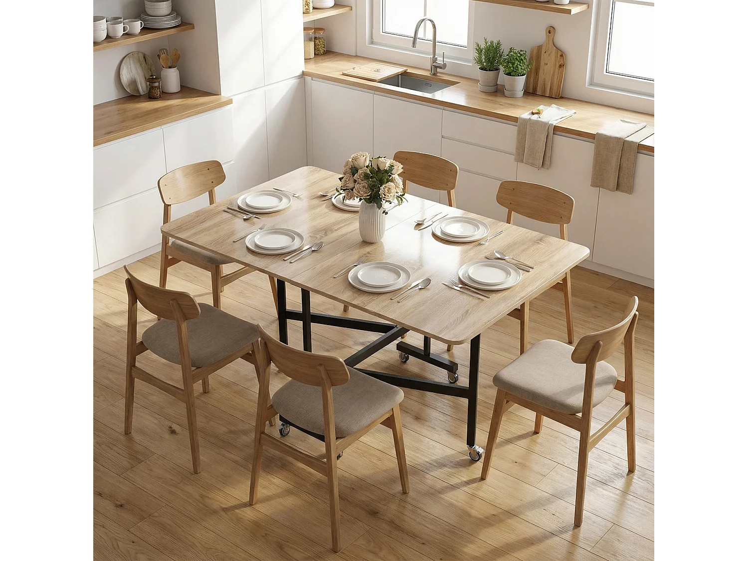 Tavolo da pranzo pieghevole con ruote per 6 persone rovere