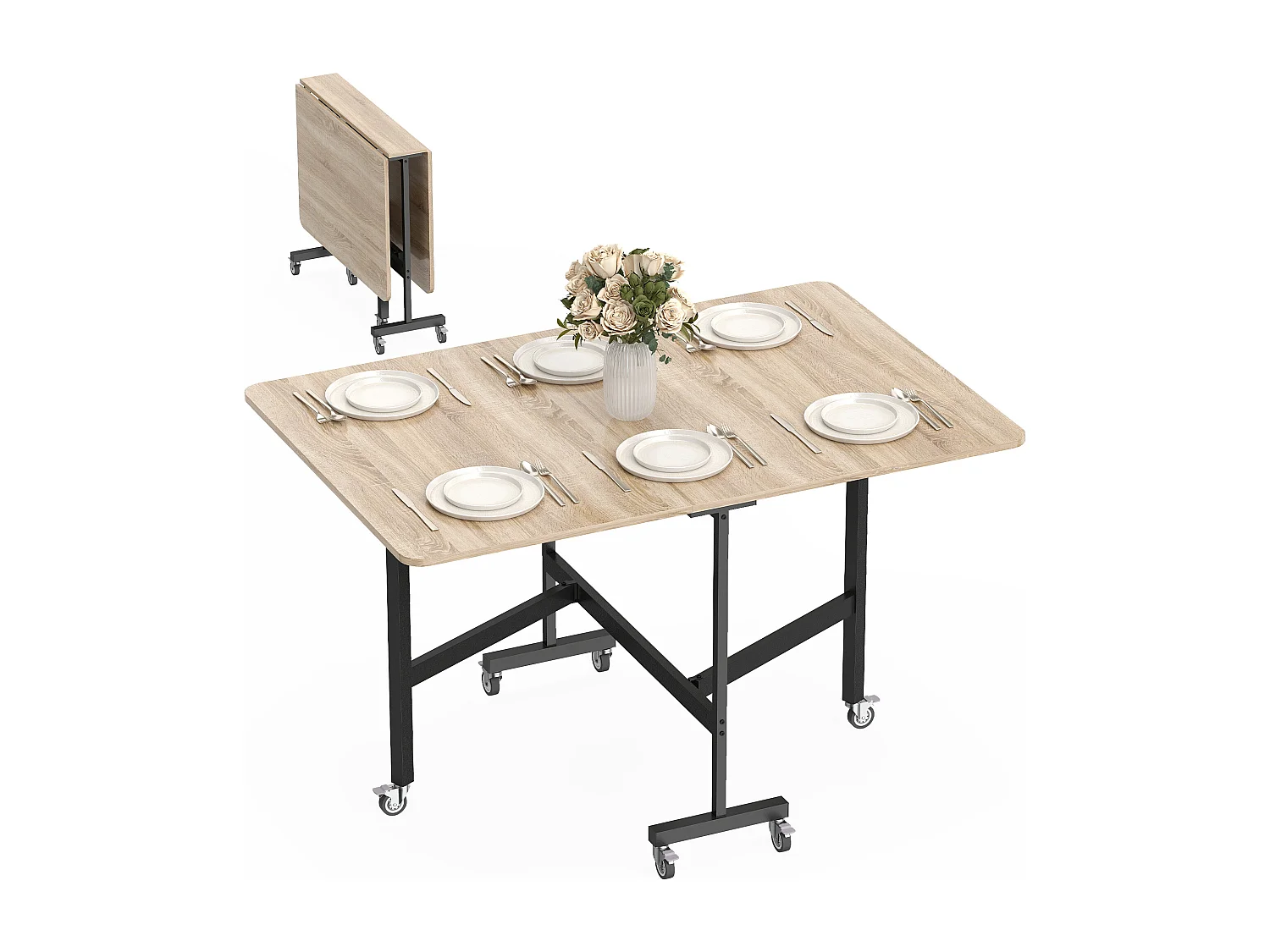 Tavolo da pranzo pieghevole con ruote per 6 persone rovere