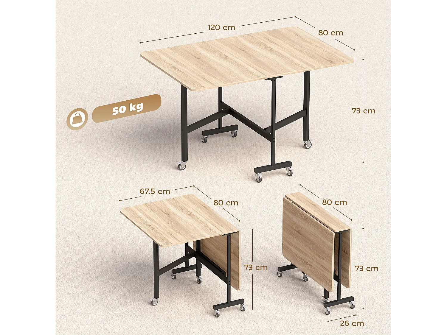 Tavolo da pranzo pieghevole con ruote per 6 persone rovere