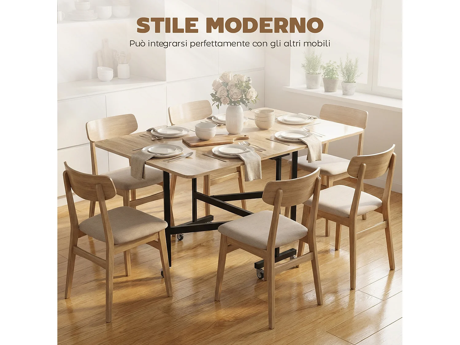 Tavolo da pranzo pieghevole con ruote per 6 persone rovere