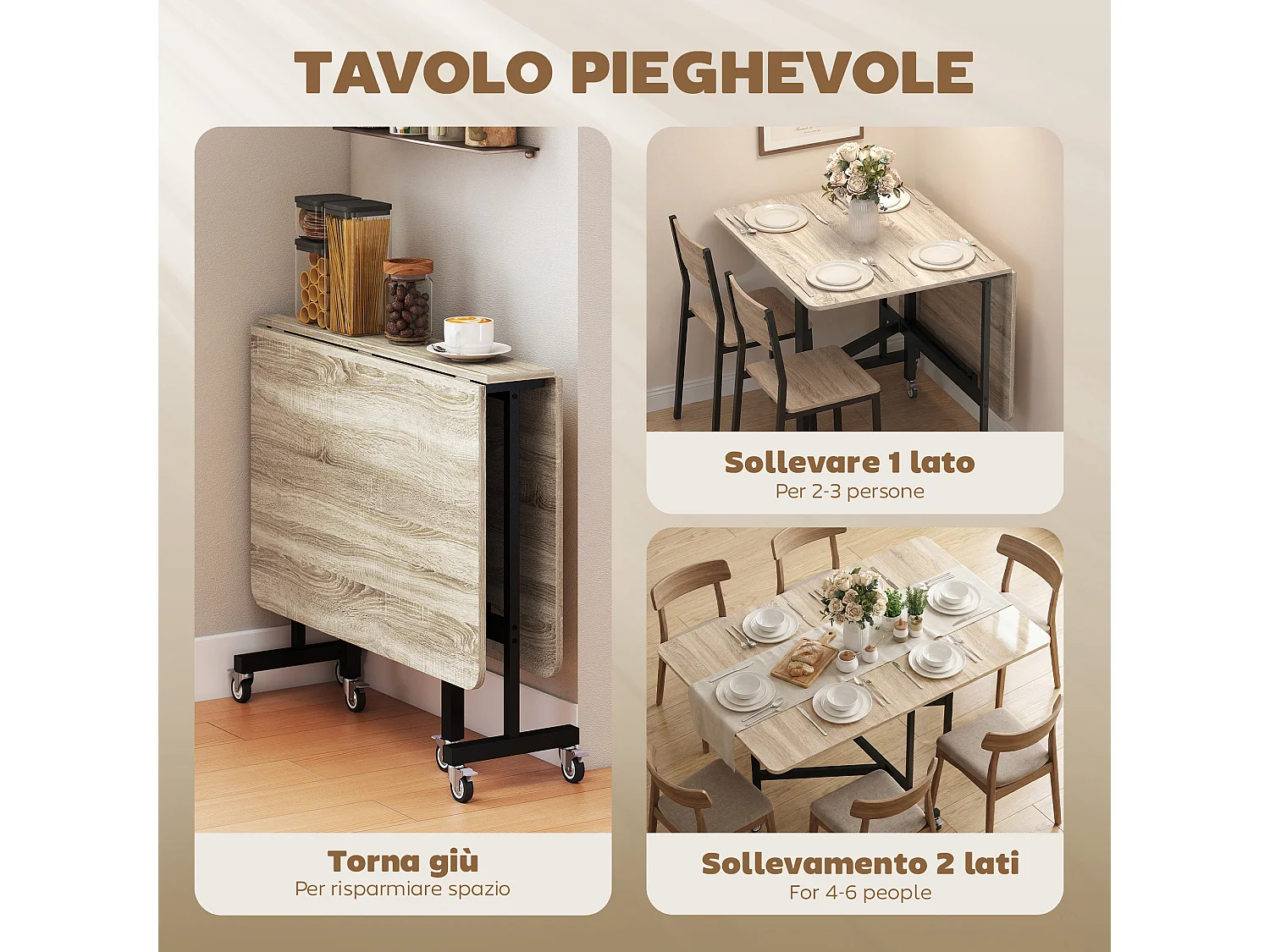 Tavolo da pranzo pieghevole con ruote per 6 persone rovere
