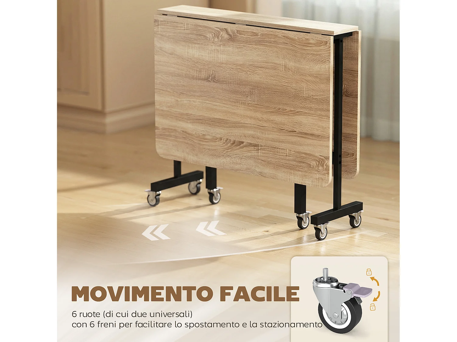 Tavolo da pranzo pieghevole con ruote per 6 persone rovere