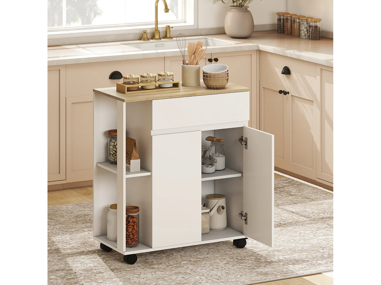 Carrello cucina con cassetto, armadietto e ripiani bianco e rovere
