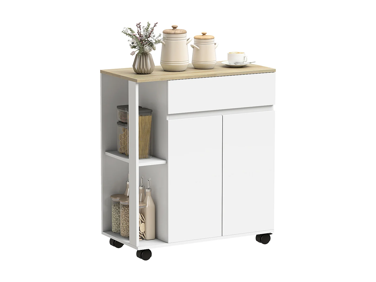 Carrello cucina con cassetto, armadietto e ripiani bianco e rovere