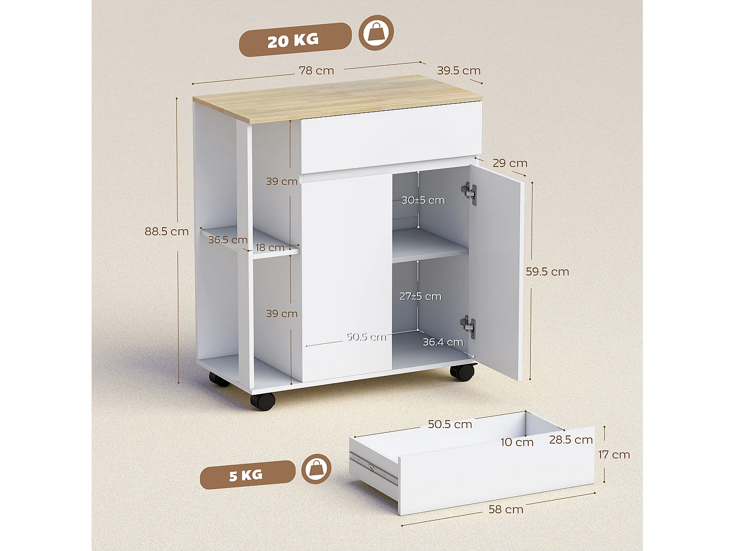 Carrello cucina con cassetto, armadietto e ripiani bianco e rovere