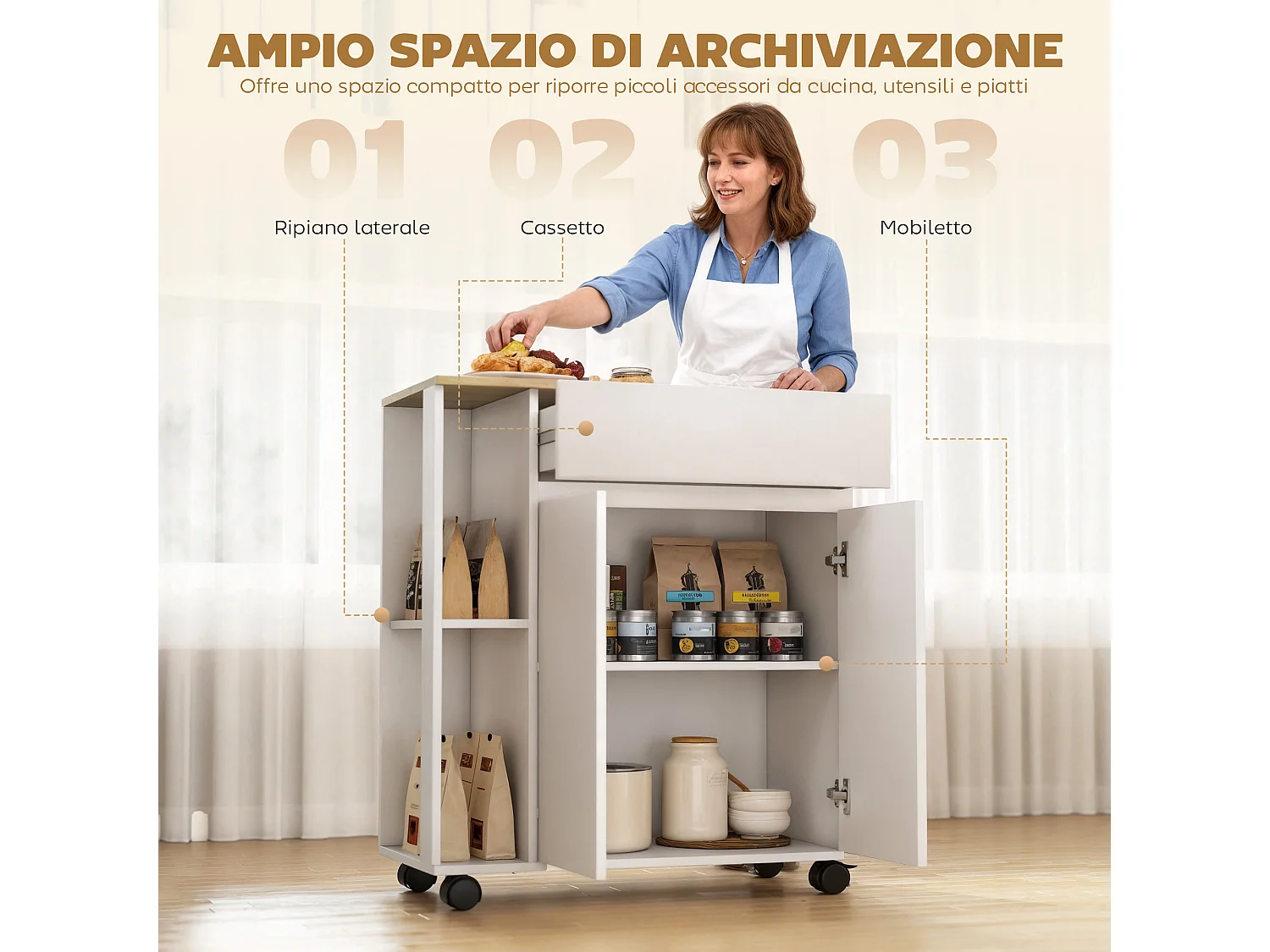 Carrello cucina con cassetto, armadietto e ripiani bianco e rovere