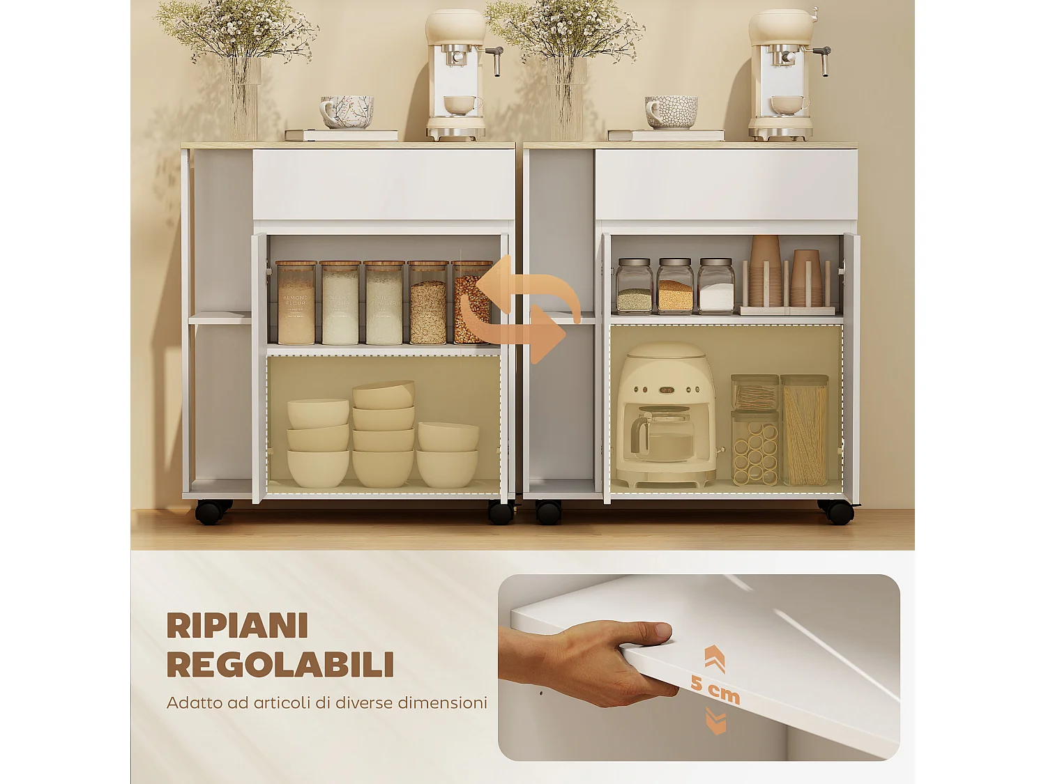Carrello cucina con cassetto, armadietto e ripiani bianco e rovere